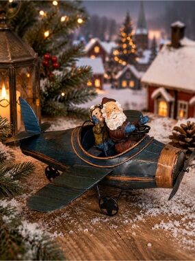 Vintage Scandinavian Christmas Metal Airplane Santa Child Figurine Next Season